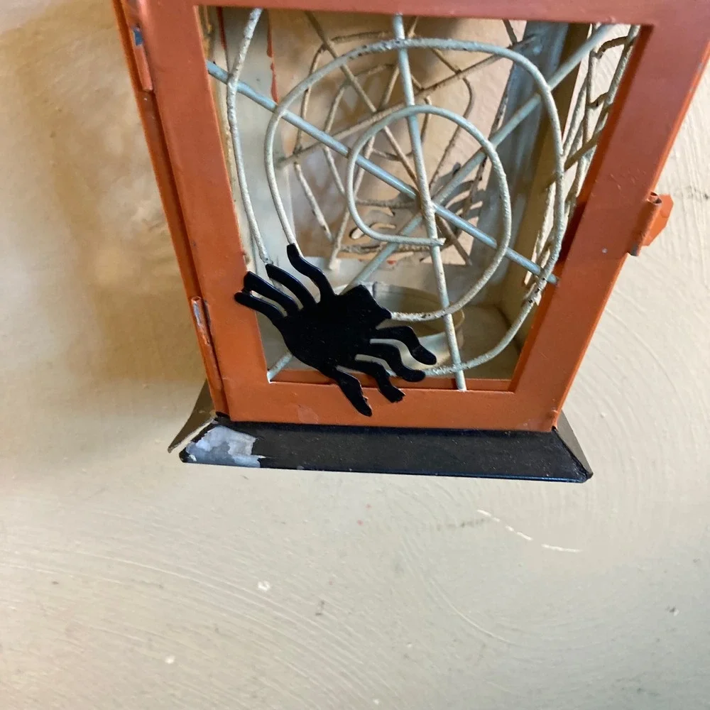 Halloween Hand Painted Metal Spiderweb Lantern Orange Black Tea Light Holder